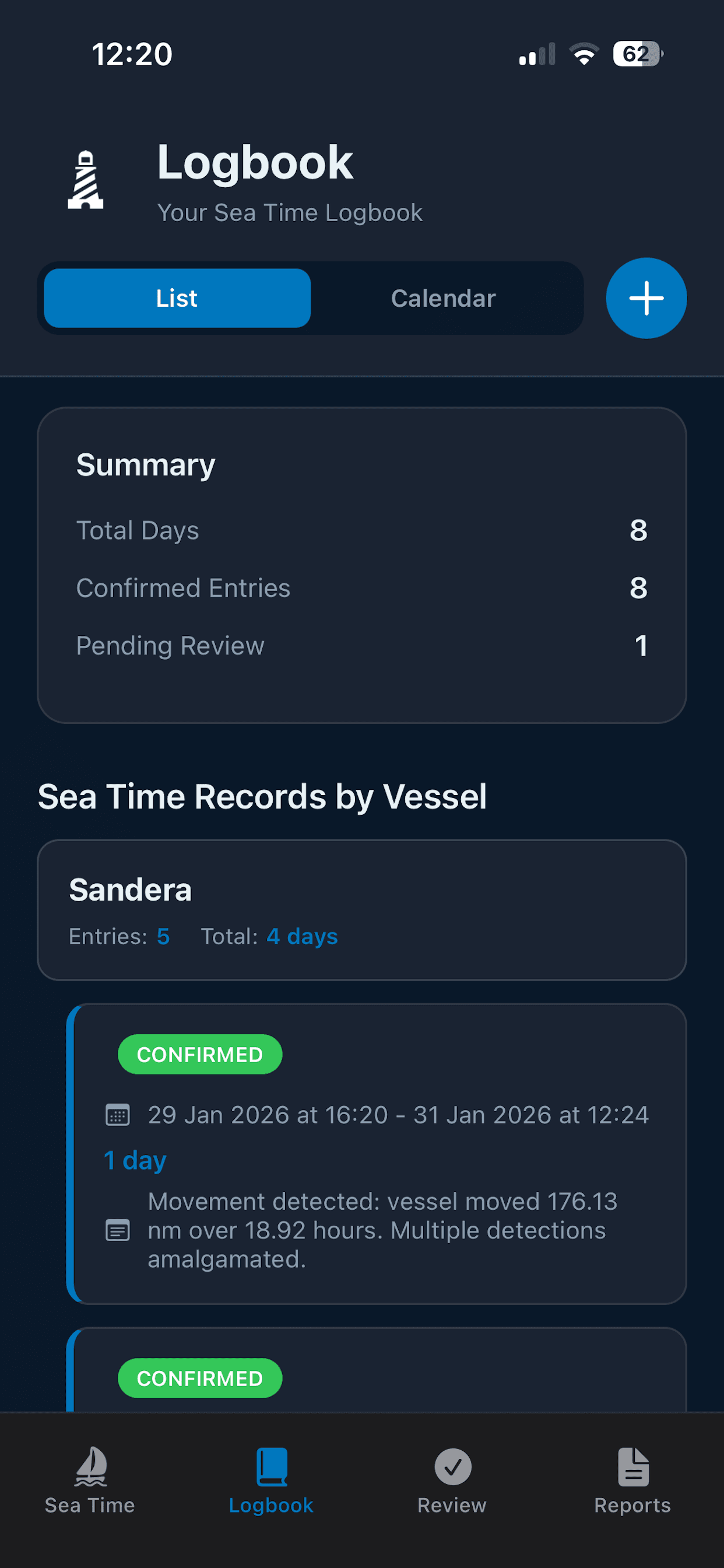 SeaTime Tracker - Logbook list view