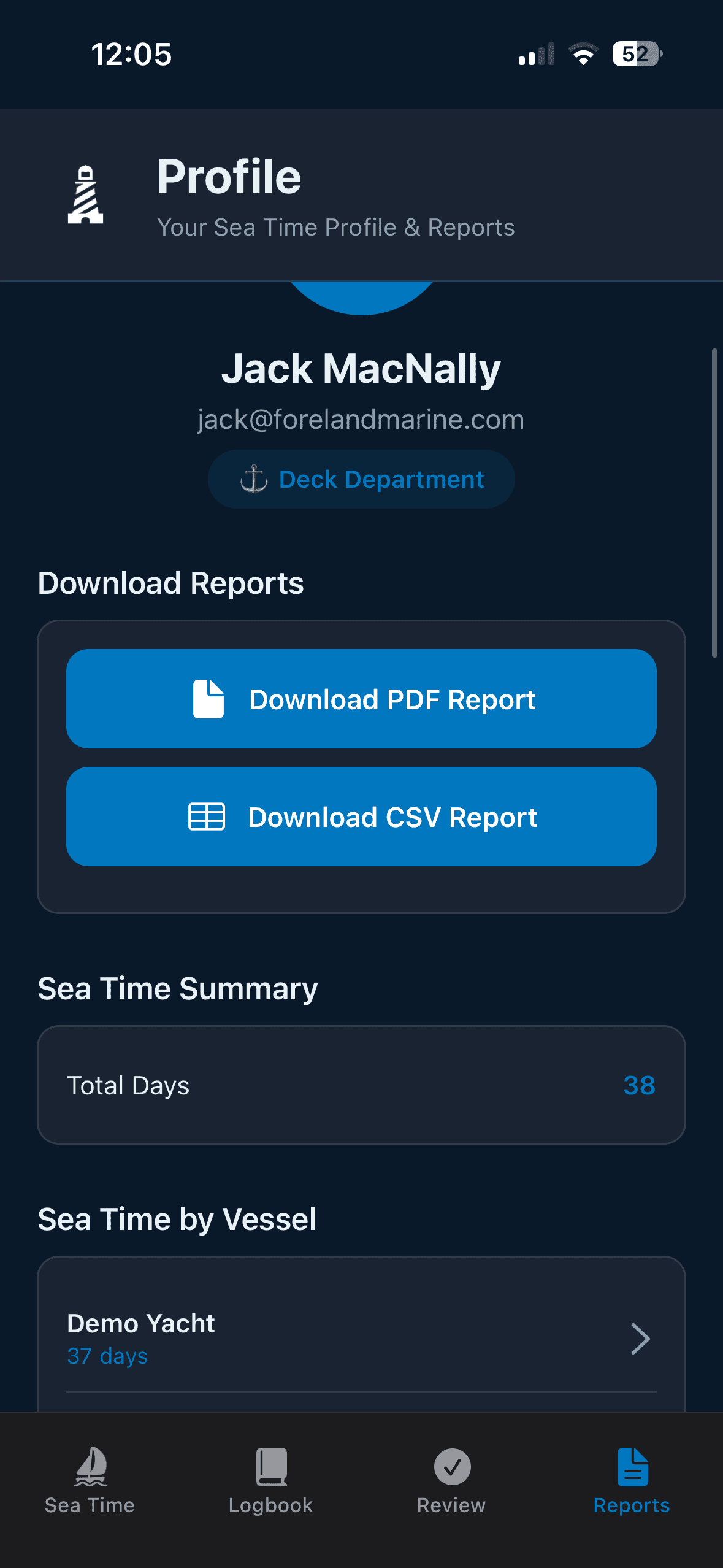 SeaTime Tracker - PDF and CSV reports