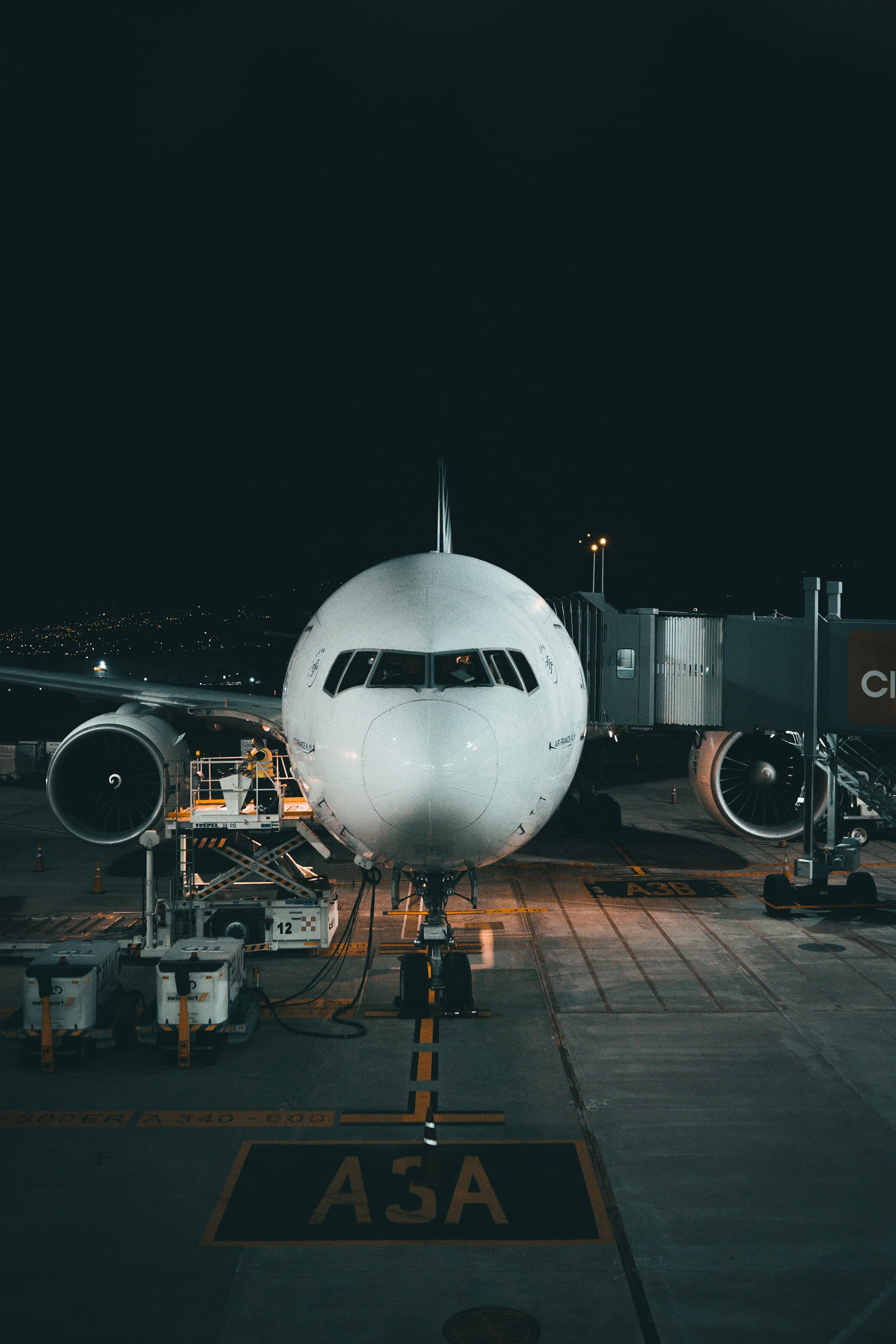 Aircraft at jet bridge, night