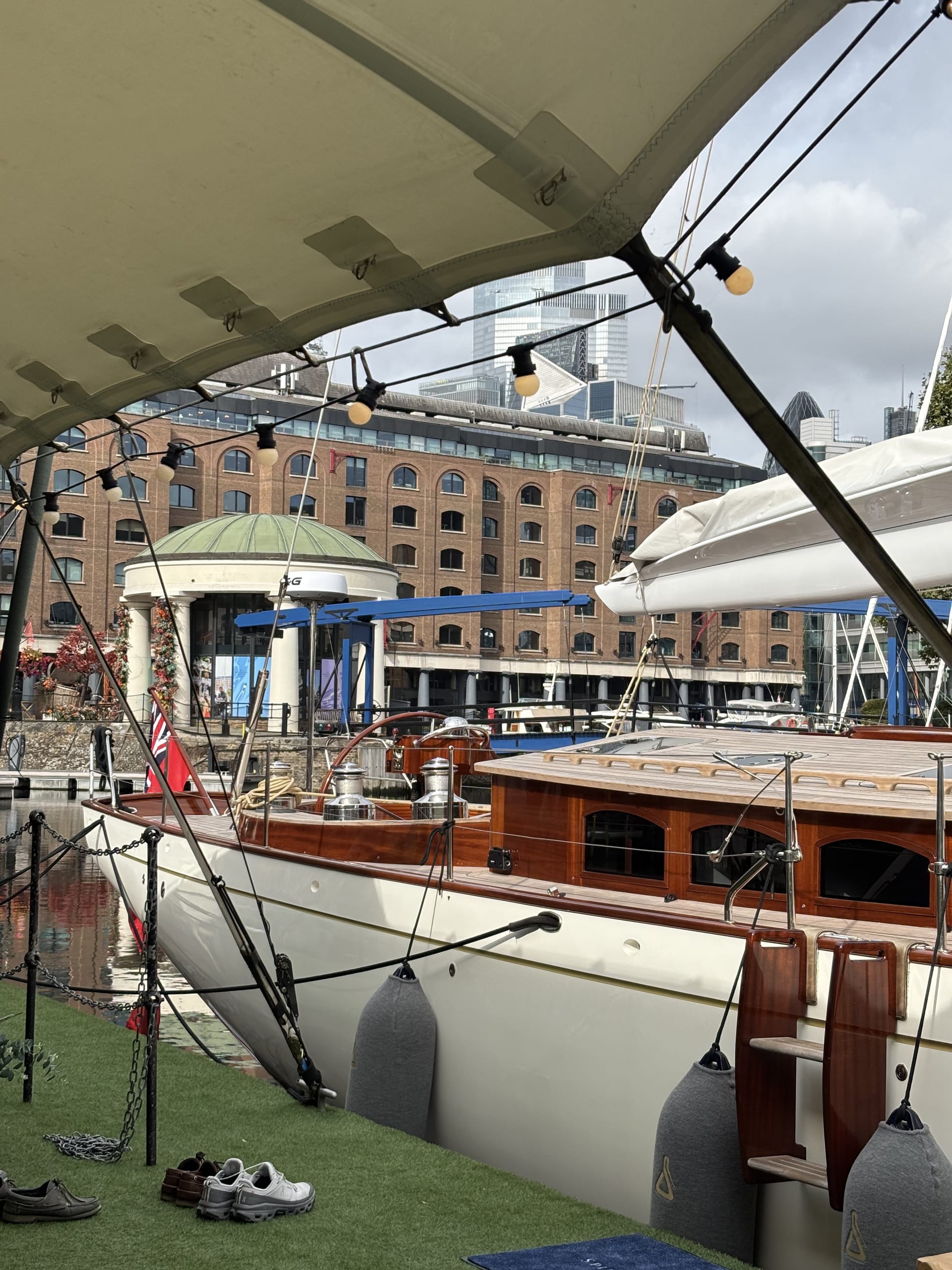 Spirit C72 Gwenhyfar II alongside at St Katharine Docks with varnished deckhouse
