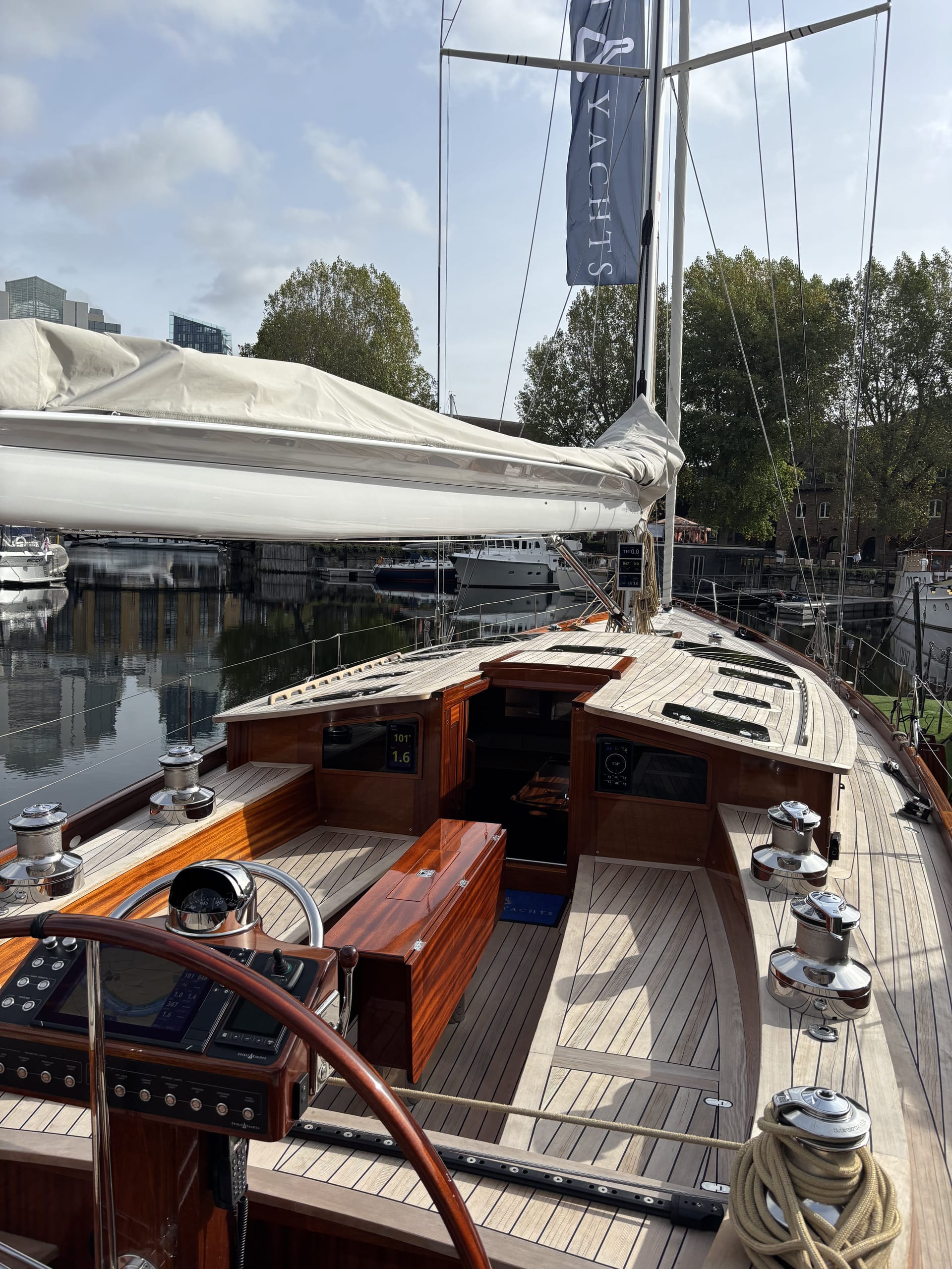 Cockpit of the Spirit C72 Gwenhyfar II with wheel, winches and teak deck