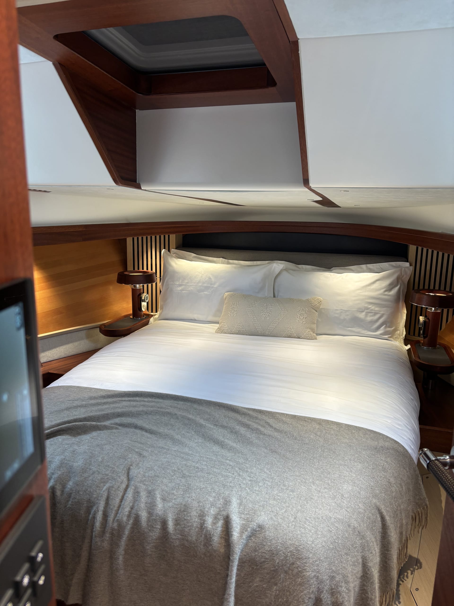 Owner's cabin of the Spirit P50 with double berth under a deck hatch