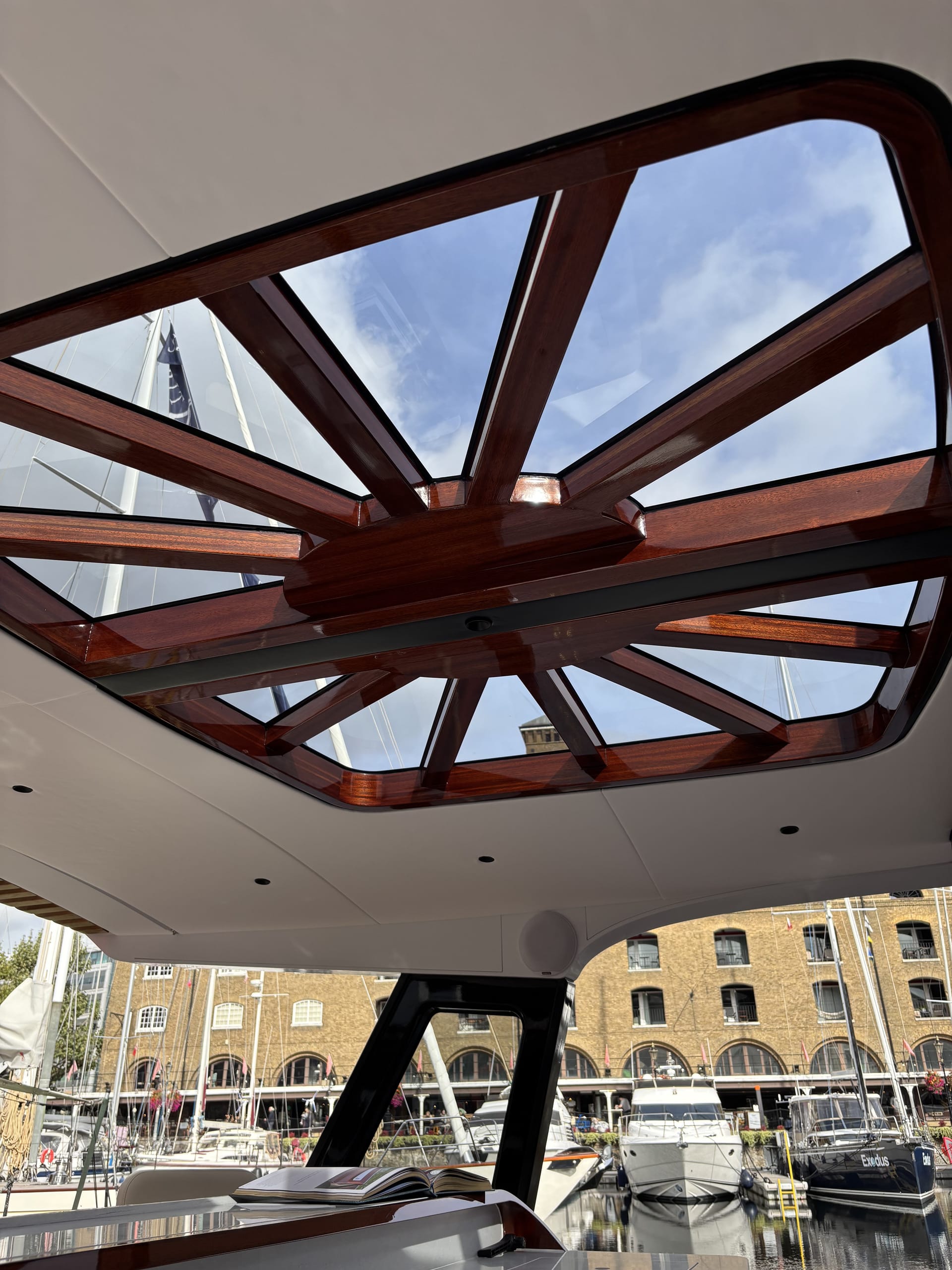 Roof light over the Spirit P50 deck saloon with radiating varnished timber spokes