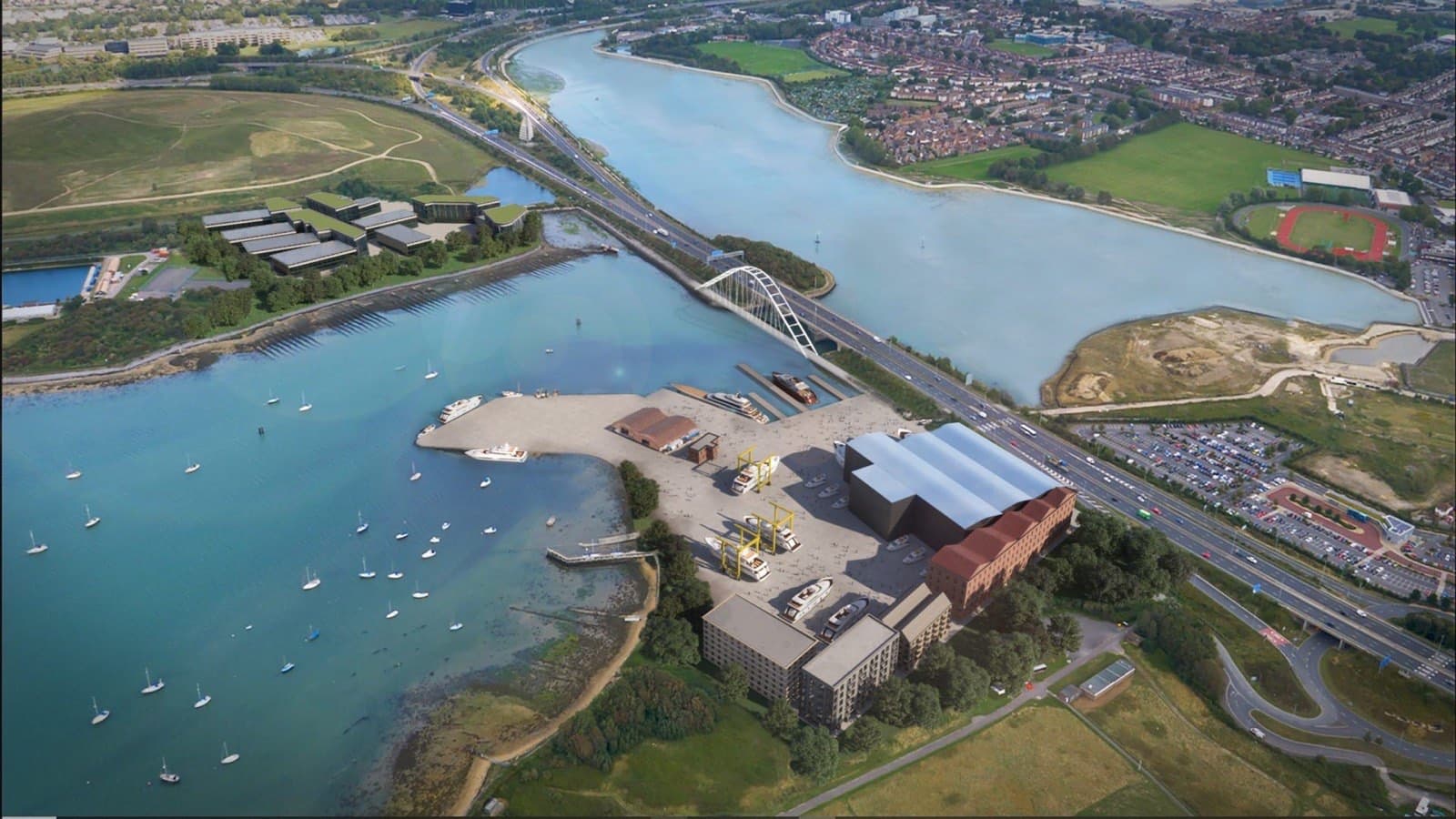 Aerial render of Tipner West shipyard facility